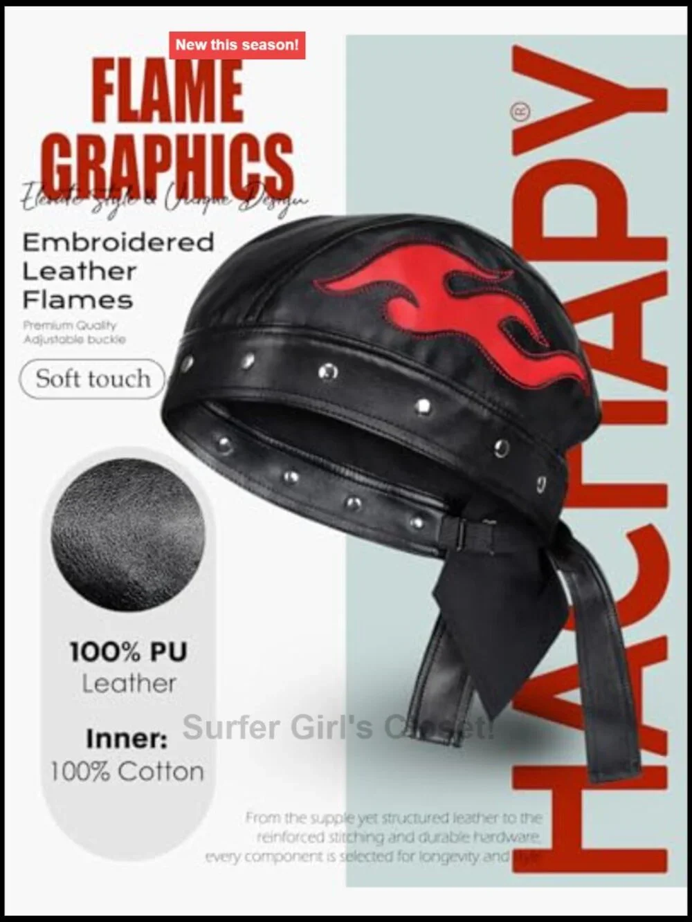 Faux Leather Biker Cap with Embroidery - Adjustable Strap Motorcycle Beanie